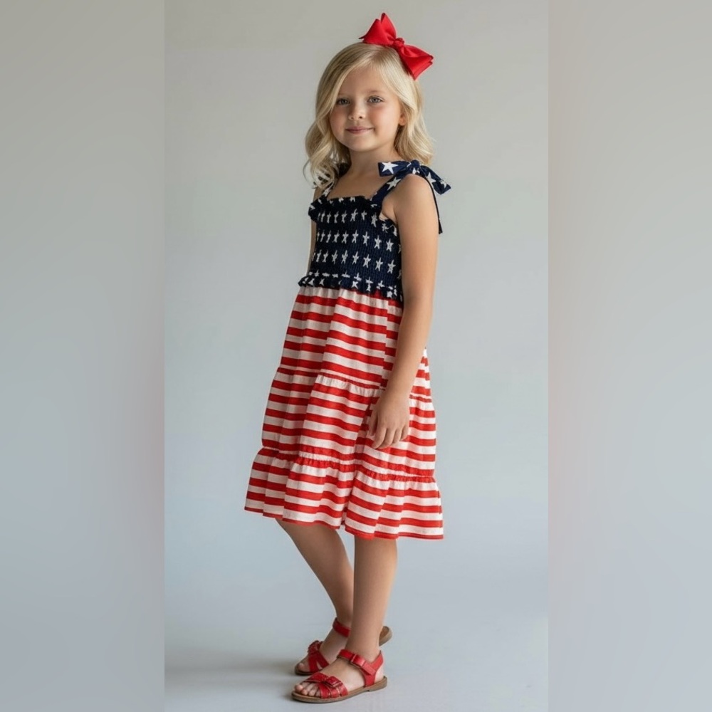 NEW Girls Patriotic Dress 8Y Red White Blue Star Smocked Tiered Fourth July